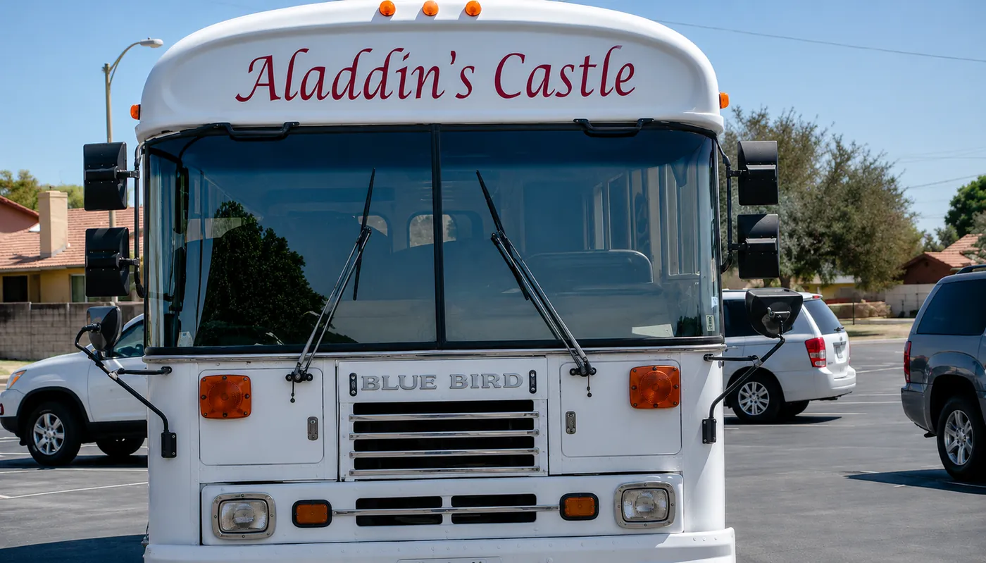 The white Aladdin's Castle school bus with the name painted above the windshield