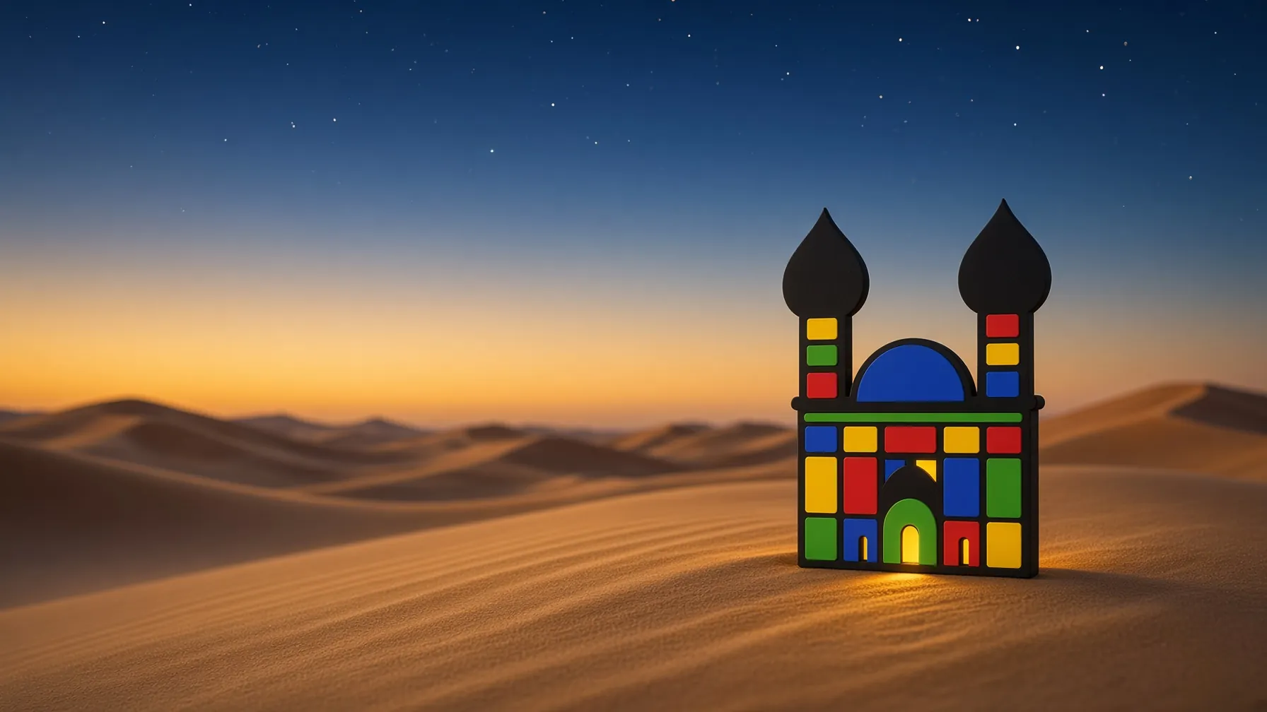 The block castle on the sand dunes at dusk, its doorway glowing